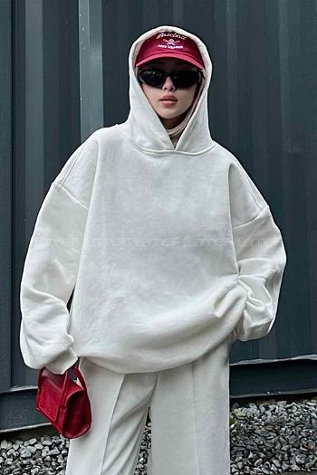 Lamelif Kapüşonlu Salaş Sweatshirt Beyaz