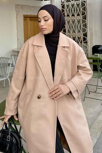 Lamelif Oversize Kruvaze Uzun Kaşe Kaban  Sütlü Kahve
