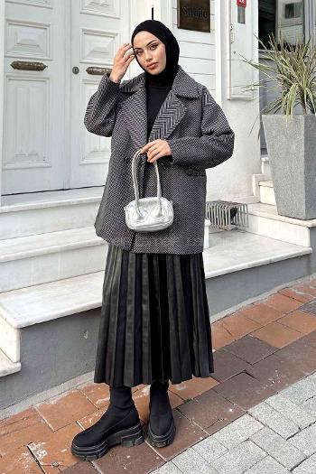 Modalamelif Zikzak Desen Balık Sırtı Kaban Antrasit