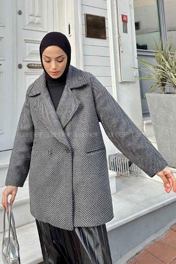 Modalamelif Zikzak Desen Balık Sırtı Kaban Antrasit