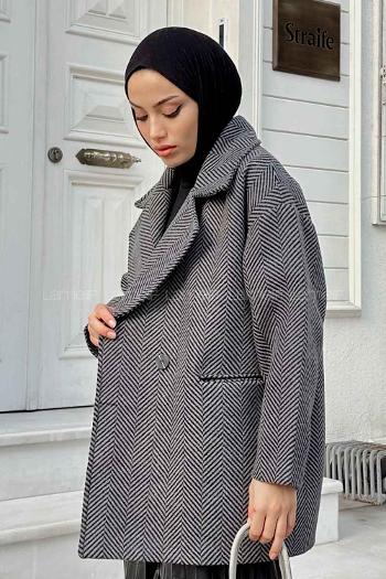 Modalamelif Zikzak Desen Balık Sırtı Kaban Antrasit