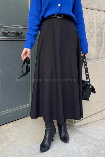Lamelif Kloş Keten Etek Siyah