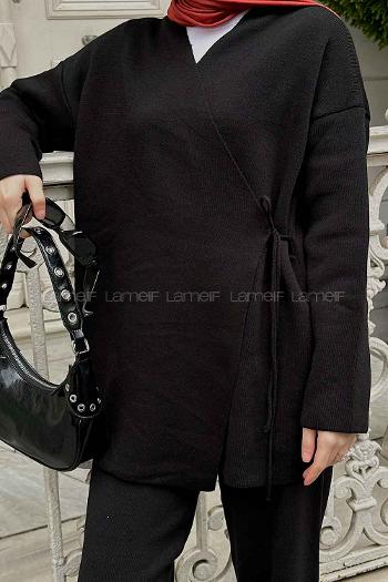 Black Scarf Neck Knitwear Regular Trousers Comfortable Suit