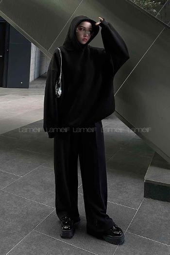 Lamelif Kapüşonlu Salaş Sweatshirt Siyah