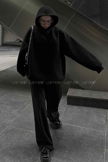 Lamelif Kapüşonlu Salaş Sweatshirt Siyah