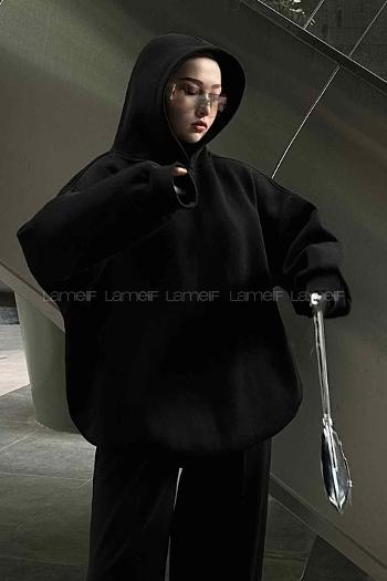 Lamelif Kapüşonlu Salaş Sweatshirt Siyah