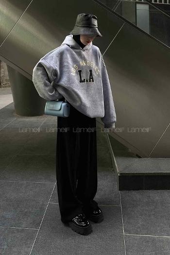 Gray Hood Neck Long Arm Printed Sweatshirt