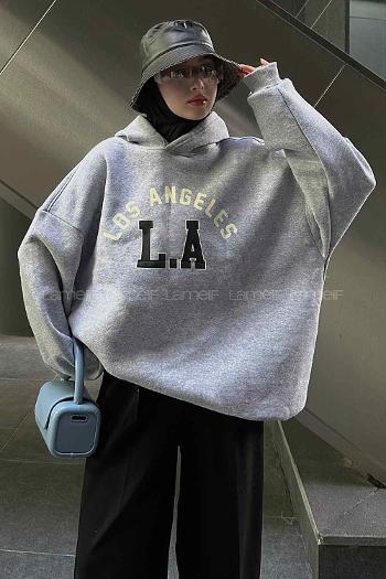 Gray Hood Neck Long Arm Printed Sweatshirt