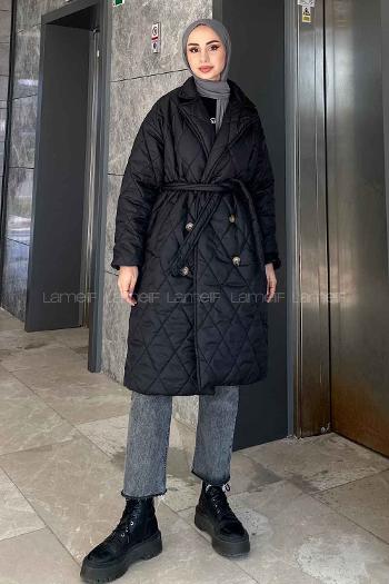 Lamelif Bağlama Detaylı Kapitone Mont Siyah