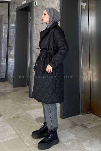 Lamelif Bağlama Detaylı Kapitone Mont Siyah