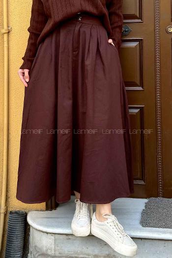 Lamelif Cep Detaylı Kloş Keten Etek Acı Kahve