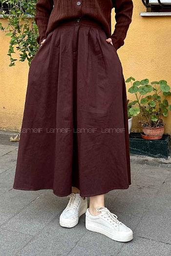 Lamelif Cep Detaylı Kloş Keten Etek Acı Kahve