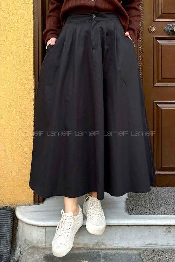 Lamelif Cep Detaylı Kloş Keten Etek Siyah