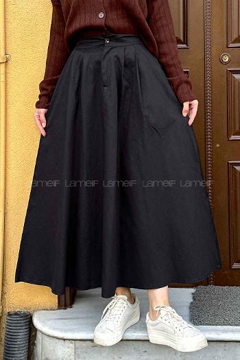 Lamelif Cep Detaylı Kloş Keten Etek Siyah