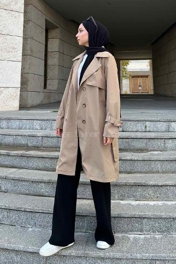 Dark Mink Long Arm Belted Cotton Trench Coat