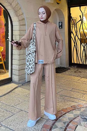 Lamelif Balance Armalı Çımalı İkili Tesettür Takım Camel