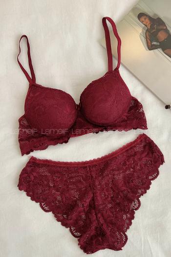 Lamelif Dantelli Destekli Sütyen Takım Bordo Renk