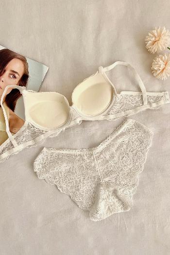 Lamelif Dantelli Destekli Sütyen Takım Ekru Renk