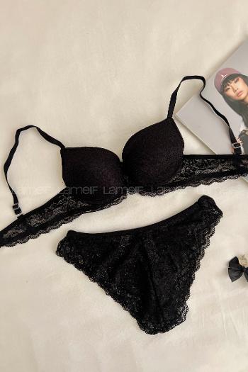 Lamelif Dantelli Destekli Sütyen Takım Siyah Renk