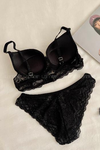Lamelif Dantelli Destekli Sütyen Takım Siyah Renk