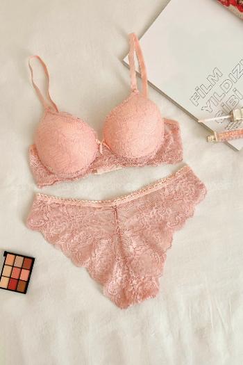 Lamelif Dantelli Destekli Sütyen Takım Somon Renk