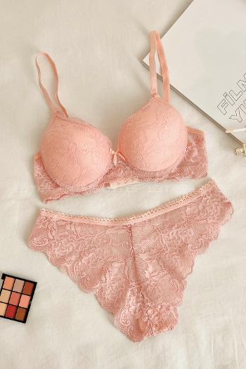 Lamelif Dantelli Destekli Sütyen Takım Somon Renk