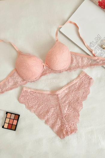 Lamelif Dantelli Destekli Sütyen Takım Somon Renk