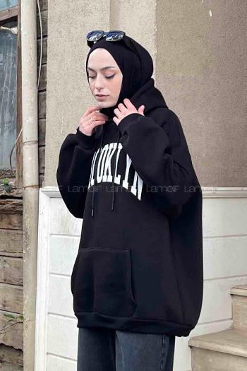 Black Hood Neck Long Arm Printed Sweatshirt