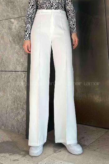 Lamelif Çımalı Bol Paça Pantolon Ekru