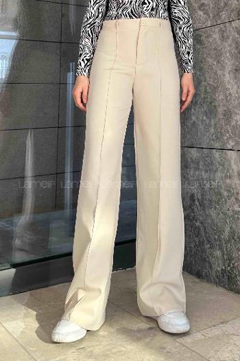 Lamelif Çımalı Bol Paça Pantolon Krem