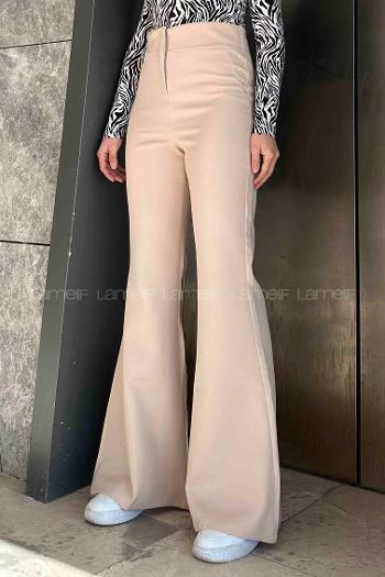 Lamelif Yüksek Bel İspanyol Paça Gizli Cep Pantolon Krem