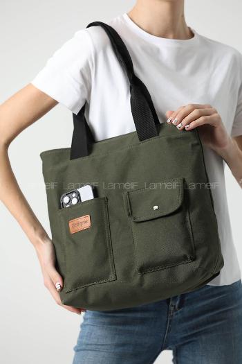 Lamelif Büyük Boy Üç Bölmeli Kanvas Kadın Çanta Haki