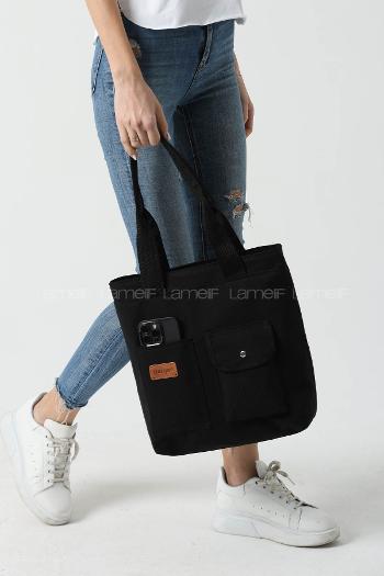 Lamelif Büyük Boy Üç Bölmeli Kanvas Kadın Çanta Siyah