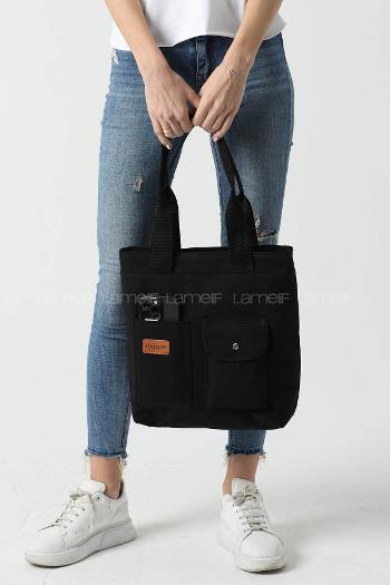 Lamelif Büyük Boy Üç Bölmeli Kanvas Kadın Çanta Siyah