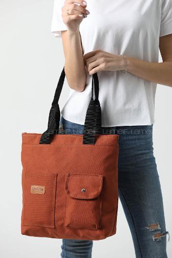 Lamelif Büyük Boy Üç Bölmeli Kanvas Kadın Çanta Taba