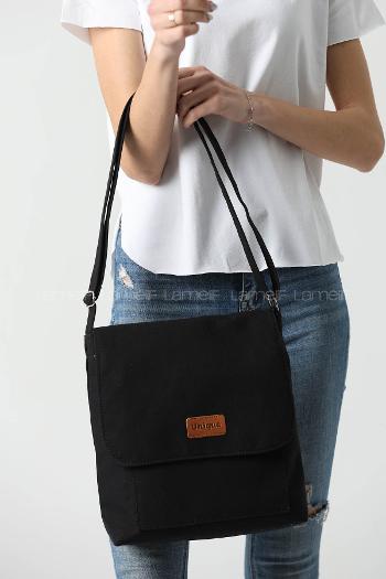 Lamelif Unique Orta Boy Kanvas Postacı Çanta Siyah