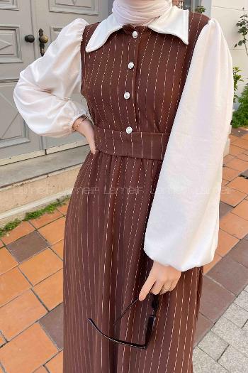 Lamelif Çizgi Detaylı Garnili Tesettür Elbise Kahverengi