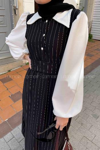 ﻿ Lamelif Çizgi Detaylı Garnili Tesettür Elbise Siyah