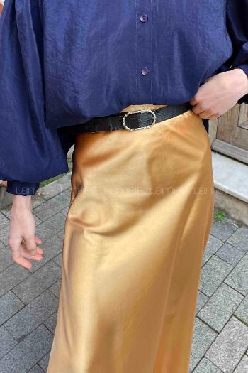 Lamelif Düz Saten Çan Etek Gold