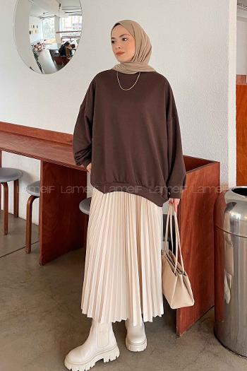 Lamelif Balon Kol Yaka Ve Etek Ucu Manşetli Bol Sweat Acı Kahve