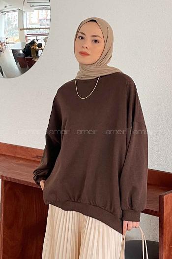 Lamelif Balon Kol Yaka Ve Etek Ucu Manşetli Bol Sweat Acı Kahve