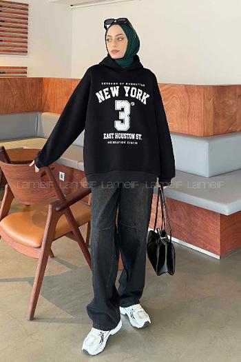 Lamelif New York Baskılı Üç İplik Sweatshirt Siyah