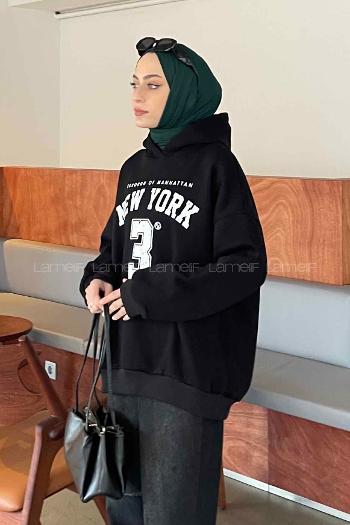 Lamelif New York Baskılı Üç İplik Sweatshirt Siyah