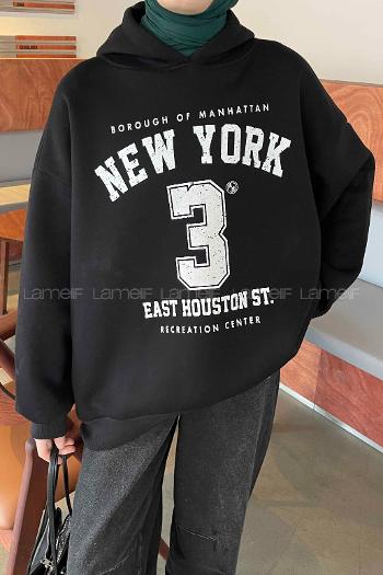 Lamelif New York Baskılı Üç İplik Sweatshirt Siyah