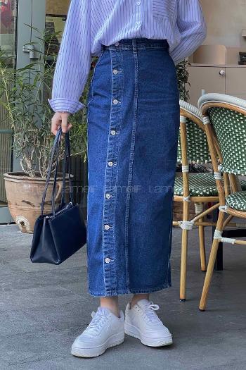 Lamelif Düğmeli Kot Etek Mavi