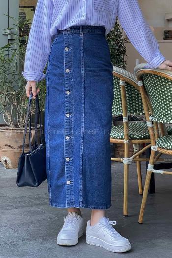 Lamelif Düğmeli Kot Etek Mavi