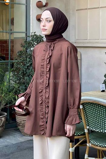 Lamelif Flores Fırfırlı Tunik Kahverengi