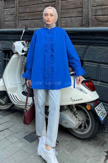 Lamelif Flores Fırfırlı Tunik Saks Mavisi