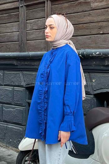 Lamelif Flores Fırfırlı Tunik Saks Mavisi