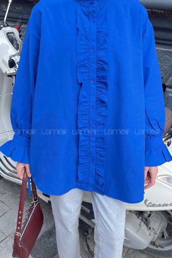 Lamelif Flores Fırfırlı Tunik Saks Mavisi